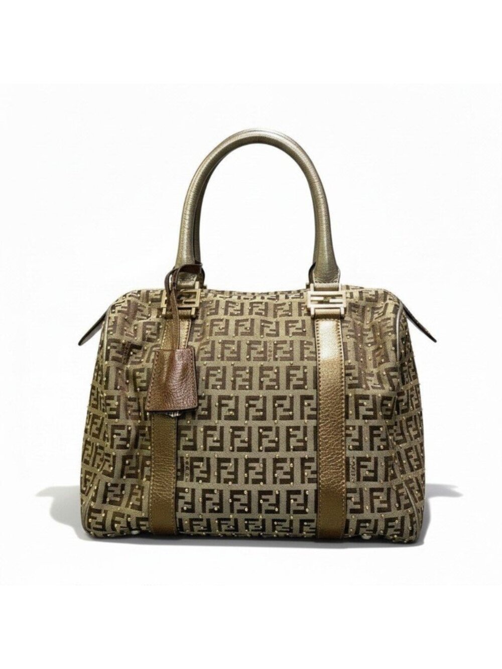 Fendi Zucchino Studded Boston Bag Brown Beige